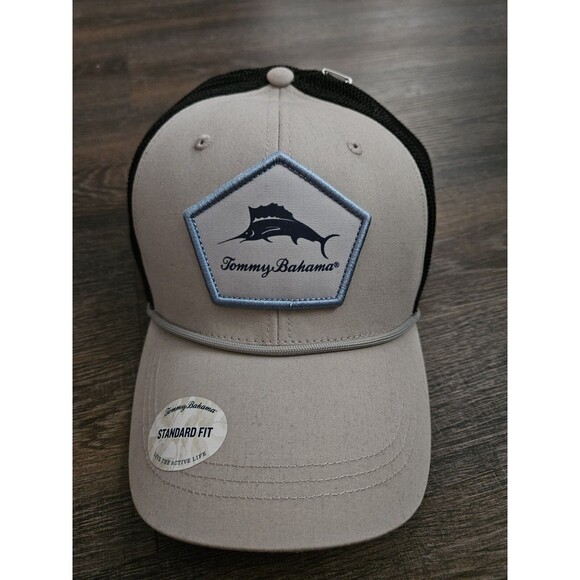 NWT Tommy Bahama Cap Tan Black Hat Fish Embroidered Logo Adjustable Strap - Picture 1 of 5